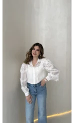 Sora Dantel Detay Balon Kol Gömlek - Beyaz - Kod: 39378