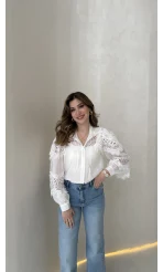 Sora Dantel Detay Balon Kol Gömlek - Beyaz - Kod: 39378