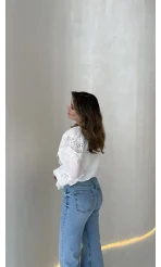 Sora Dantel Detay Balon Kol Gömlek - Beyaz - Kod: 39378