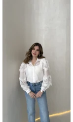 Sora Dantel Detay Balon Kol Gömlek - Beyaz - Kod: 39378
