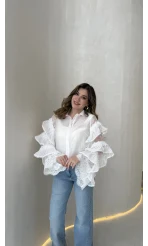 Fırfırlı Dantel Detay Gömlek - Beyaz - Kod: 39368