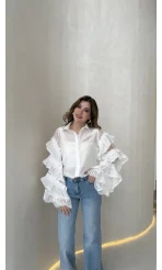 Fırfırlı Dantel Detay Gömlek - Beyaz - Kod: 39368