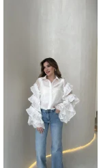 Fırfırlı Dantel Detay Gömlek - Beyaz - Kod: 39368