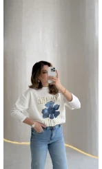 Bisiklet Yaka Baskılı Sweatshırt - Beyaz - Kod: 01816