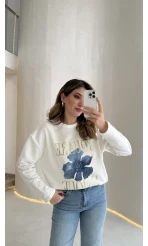 Bisiklet Yaka Baskılı Sweatshırt - Beyaz - Kod: 01816