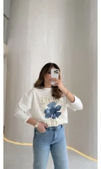 Bisiklet Yaka Baskılı Sweatshırt - Beyaz - Kod: 01816