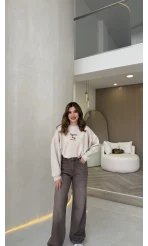 Dilvin Yüksek Bel Dökümlü Denim Pantolon - Açık Kahve