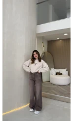 Dilvin Yüksek Bel Dökümlü Denim Pantolon - Açık Kahve