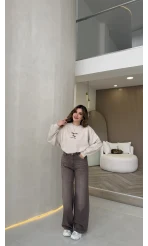 Dilvin Yüksek Bel Dökümlü Denim Pantolon - Açık Kahve