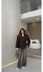 Anastasia Vatkalı Kuşaklı Kısa Trençkot - Kahve - Kod: 9609