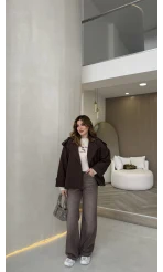 Anastasia Vatkalı Kuşaklı Kısa Trençkot - Kahve - Kod: 9609