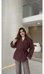 Anastasia Vatkalı Kuşaklı Kısa Trençkot - Bordo - Kod: 9609