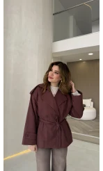 Anastasia Vatkalı Kuşaklı Kısa Trençkot - Bordo - Kod: 9609