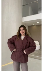 Anastasia Vatkalı Kuşaklı Kısa Trençkot - Bordo - Kod: 9609
