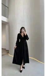 Bernıce Beli Büzgü Detay Düğmeli Saten Elbise - Siyah - Kod: 0974