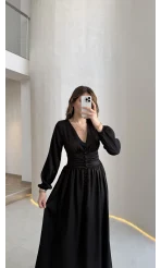 Bernıce Beli Büzgü Detay Düğmeli Saten Elbise - Siyah - Kod: 0974