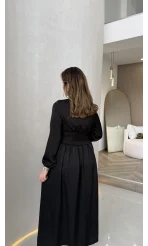 Bernıce Beli Büzgü Detay Düğmeli Saten Elbise - Siyah - Kod: 0974