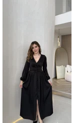 Bernıce Beli Büzgü Detay Düğmeli Saten Elbise - Siyah - Kod: 0974