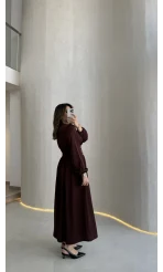 Bernıce Beli Büzgü Detay Düğmeli Saten Elbise - Mürdüm - Kod: 0974