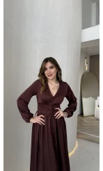 Bernıce Beli Büzgü Detay Düğmeli Saten Elbise - Mürdüm - Kod: 0974