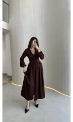 Bernıce Beli Büzgü Detay Düğmeli Saten Elbise - Mürdüm - Kod: 0974