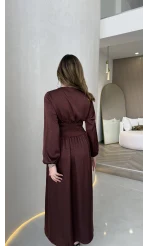 Bernıce Beli Büzgü Detay Düğmeli Saten Elbise - Mürdüm - Kod: 0974