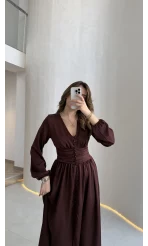 Bernıce Beli Büzgü Detay Düğmeli Saten Elbise - Mürdüm - Kod: 0974