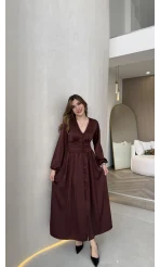 Bernıce Beli Büzgü Detay Düğmeli Saten Elbise - Mürdüm - Kod: 0974