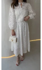 Mona Çiçek Dokulu Etek-Buz Takım - Ekru - Kod: 6046