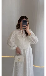 Mona Çiçek Dokulu Etek-Buz Takım - Ekru - Kod: 6046