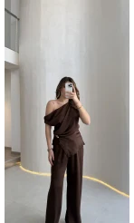 Destino Aksesuar Detay Sıfır Kol Saten Takım - Acı Kahve