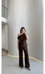 Destino Aksesuar Detay Sıfır Kol Saten Takım - Acı Kahve