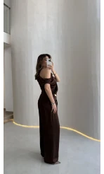 Destino Aksesuar Detay Sıfır Kol Saten Takım - Acı Kahve