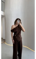 Destino Aksesuar Detay Sıfır Kol Saten Takım - Acı Kahve