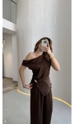 Destino Aksesuar Detay Sıfır Kol Saten Takım - Acı Kahve