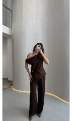 Destino Aksesuar Detay Sıfır Kol Saten Takım - Acı Kahve