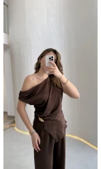 Destino Aksesuar Detay Sıfır Kol Saten Takım - Acı Kahve