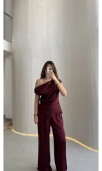 Destino Aksesuar Detay Sıfır Kol Saten Takım - Mürdüm