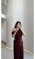 Destino Aksesuar Detay Sıfır Kol Saten Takım - Mürdüm