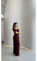 Destino Aksesuar Detay Sıfır Kol Saten Takım - Mürdüm