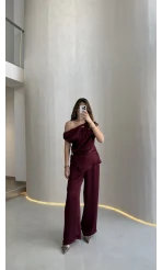 Destino Aksesuar Detay Sıfır Kol Saten Takım - Mürdüm