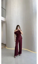 Destino Aksesuar Detay Sıfır Kol Saten Takım - Mürdüm