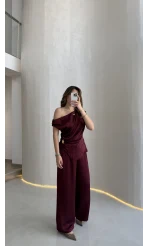 Destino Aksesuar Detay Sıfır Kol Saten Takım - Mürdüm