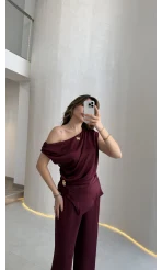 Destino Aksesuar Detay Sıfır Kol Saten Takım - Mürdüm