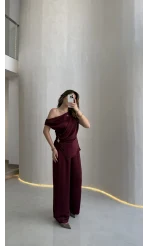 Destino Aksesuar Detay Sıfır Kol Saten Takım - Mürdüm