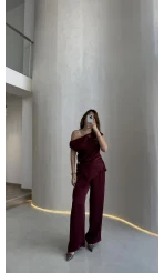 Destino Aksesuar Detay Sıfır Kol Saten Takım - Mürdüm