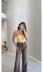 Straplez Crop Pedli Body - Sarı - Kod: 23369