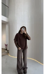 Oversize Bilek Detay Dantel Kol T-shirt - Acı Kahve