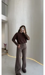 Oversize Bilek Detay Dantel Kol T-shirt - Acı Kahve
