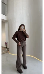 Oversize Bilek Detay Dantel Kol T-shirt - Acı Kahve